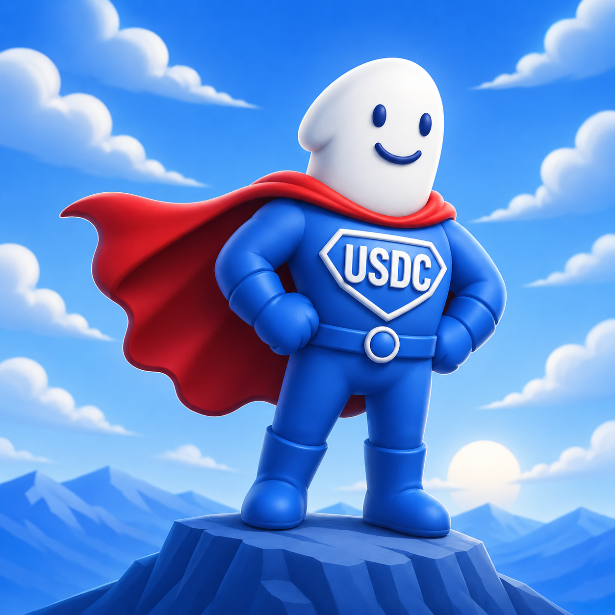 UnStoppable Dick Coin superhero mascot standing on a mountain